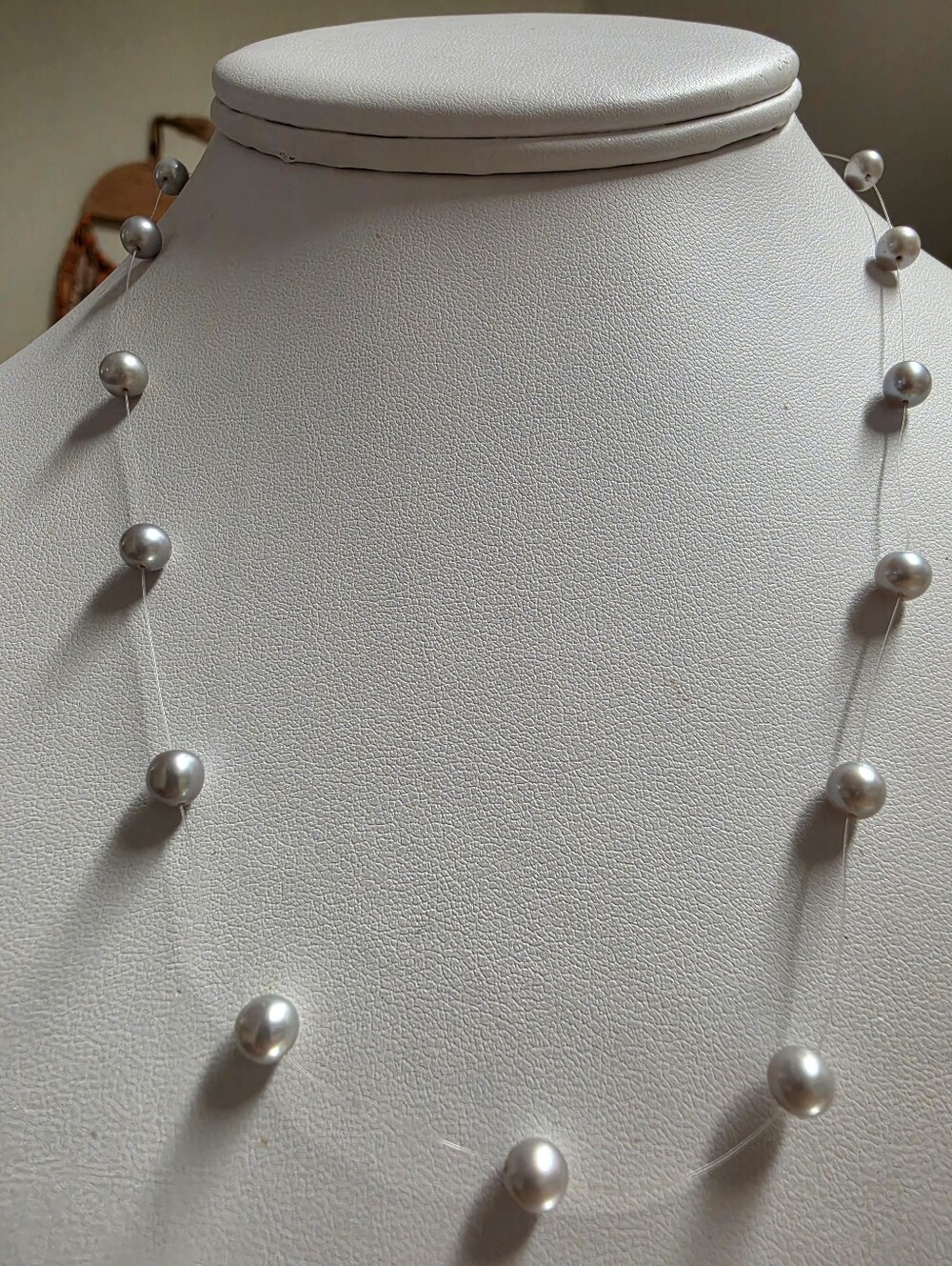 Floating Silver - Gray Pearl Illusion Necklace, Sterling Silver 925